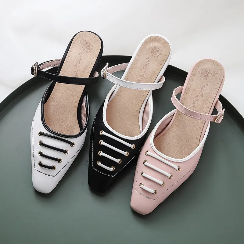 

2022 New Retro Vintage Square Head Metal Low Heel Patchwork Casual Shoes Women Buckle Strap Mules Sandals Flat Shoes Big Size 45