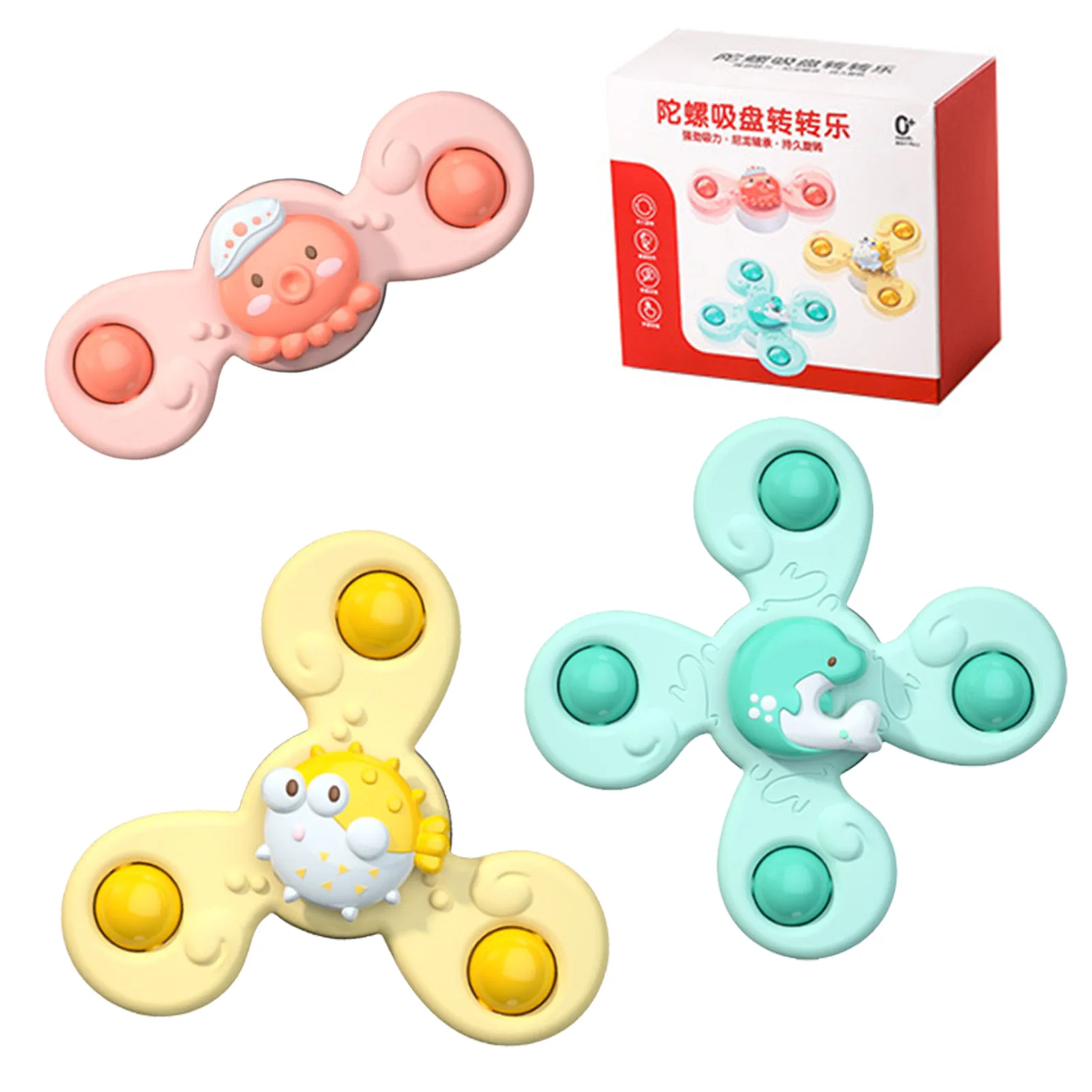 

3pcs Suction Toys For Babies 3-PCS Fun Animal Shape Sensory Toys For Babies Cute Cartoon Animal Spinning Top Toys For 1-3 Boy