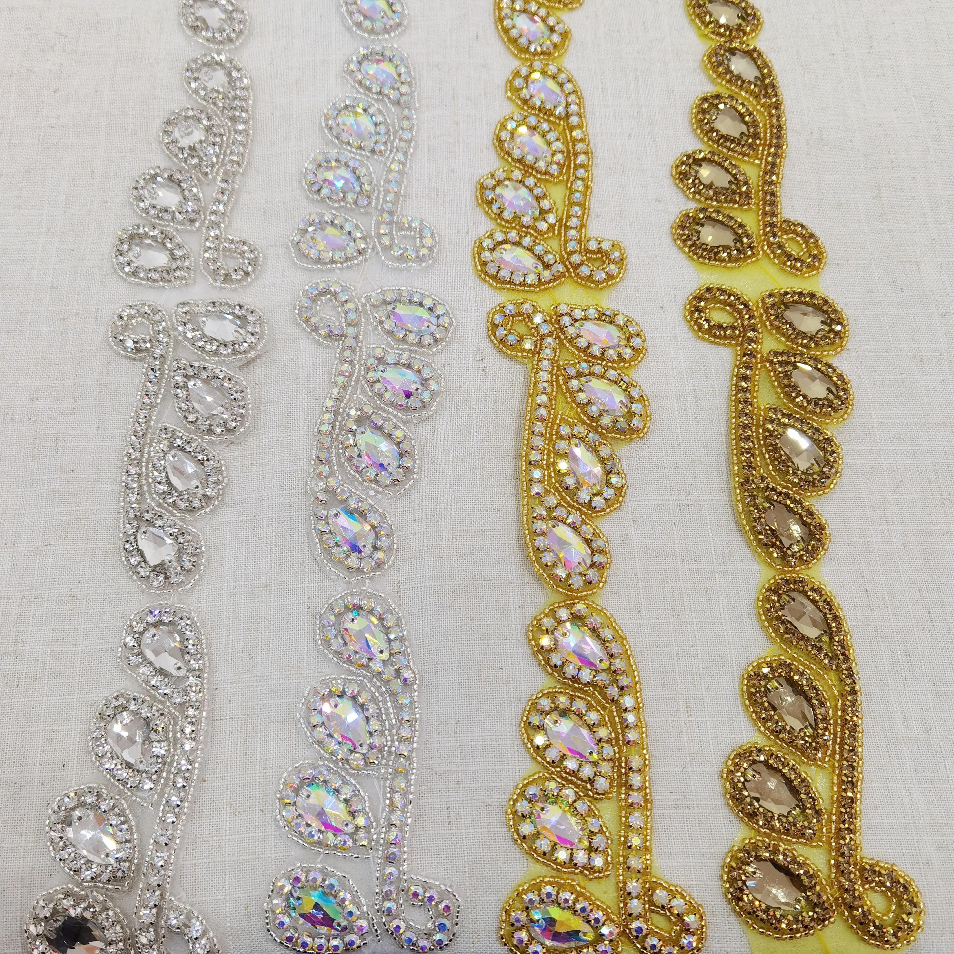 

gold bridal beaded crystal rhinestone applique trim wedding sash