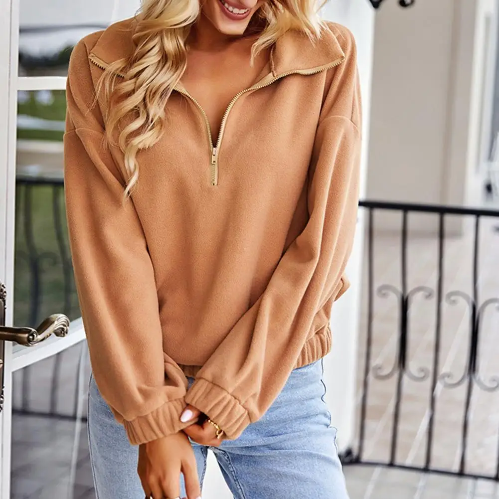 

Women Autumn Sweatshirt Pullover Loose Solid Color Turn-down Collar Soft Keep Warm Casual Elastic Cuff Women Fall Top for Daily