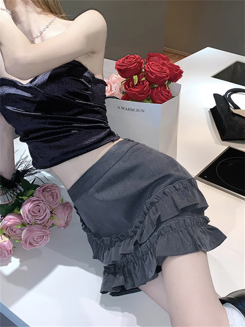 Мини-юбка женская трапециевидная с оборками и завышенной талией