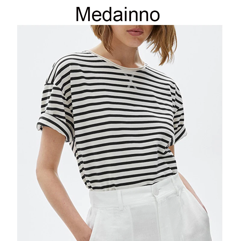 

Medainno 2023 весенне-летние модные новые женские топы с круглым вырезом в полоску с коротким рукавом простые элегантные повседневные женские топы шикарные футболки