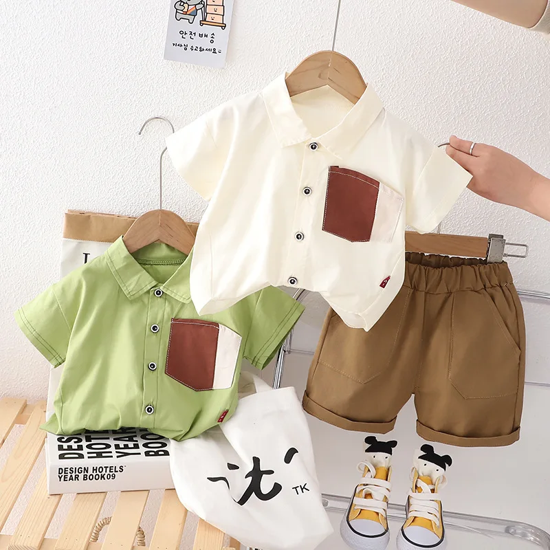 

Children Clothing Set 2023 Spring Summer New Boys Pocket Short Sleeve Shirt and Baby Casual Simple Shorts Two Piece Set Kids