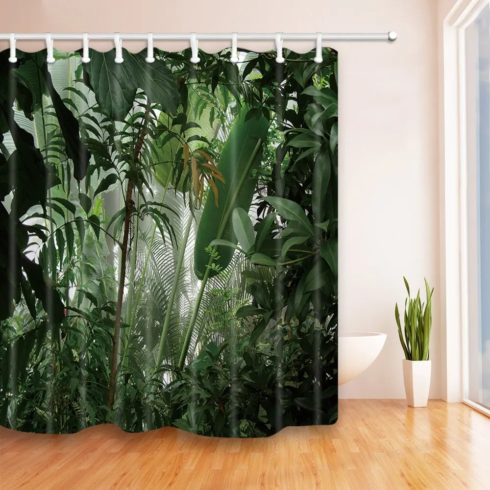

Занавеска для душа с тропическими растениями, водонепроницаемый шторка из полиэстера в джунглях, зеленый цвет, для ванной комнаты