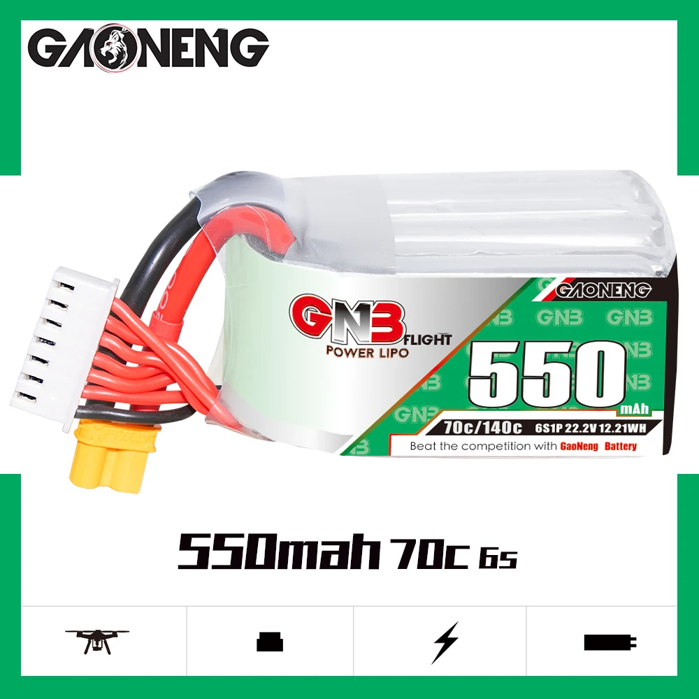 

GAONENG GNB 6S1P 550mAh 22.2V 70C Light Weight Lipo Battery XT30 XT60 Plug For FPV Racing Drone RC Quadcopter Helicopter Parts