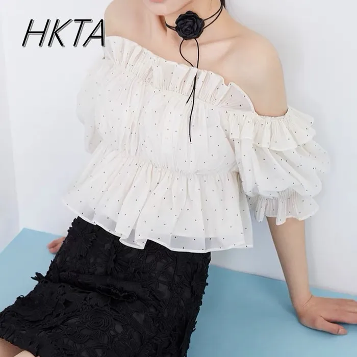Японская S Pure Desire Wind Breast Wrap Fairy Shirt Sweet and Elegant Lotus Leaf Edge Dot Bubble Short Sleeve T Top Women