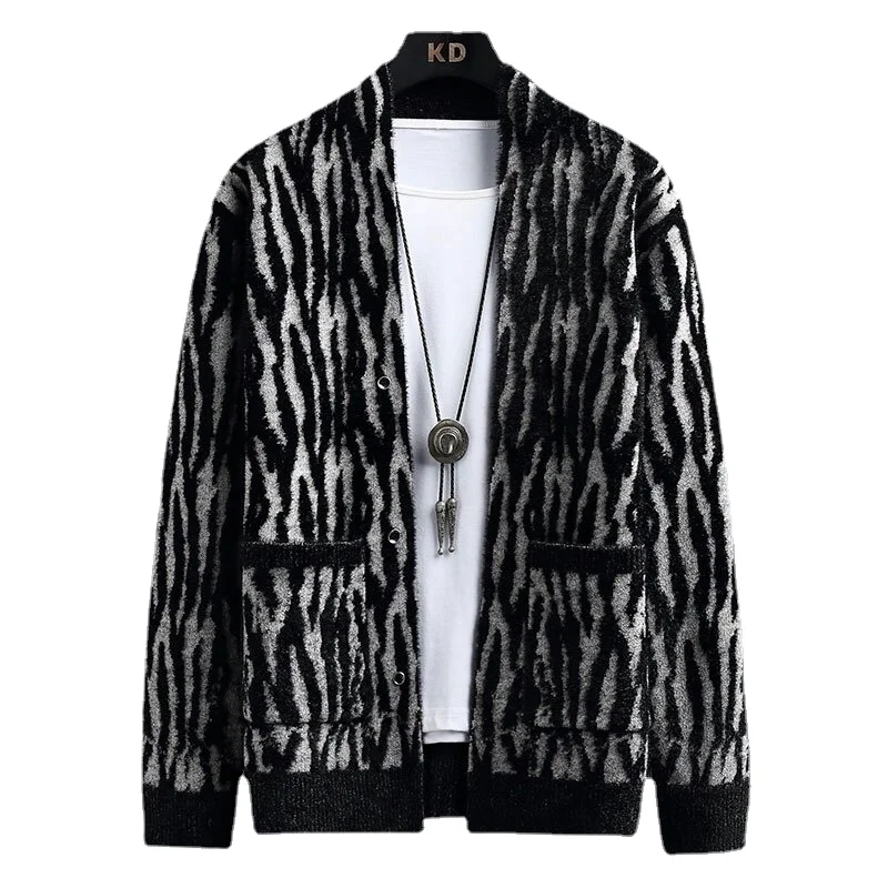 Men's Large Size Imitation Sable Versatile New Knitted Cardigan Leopard Jacquard Suit Korean Spring and Autumn Coat Young Style
