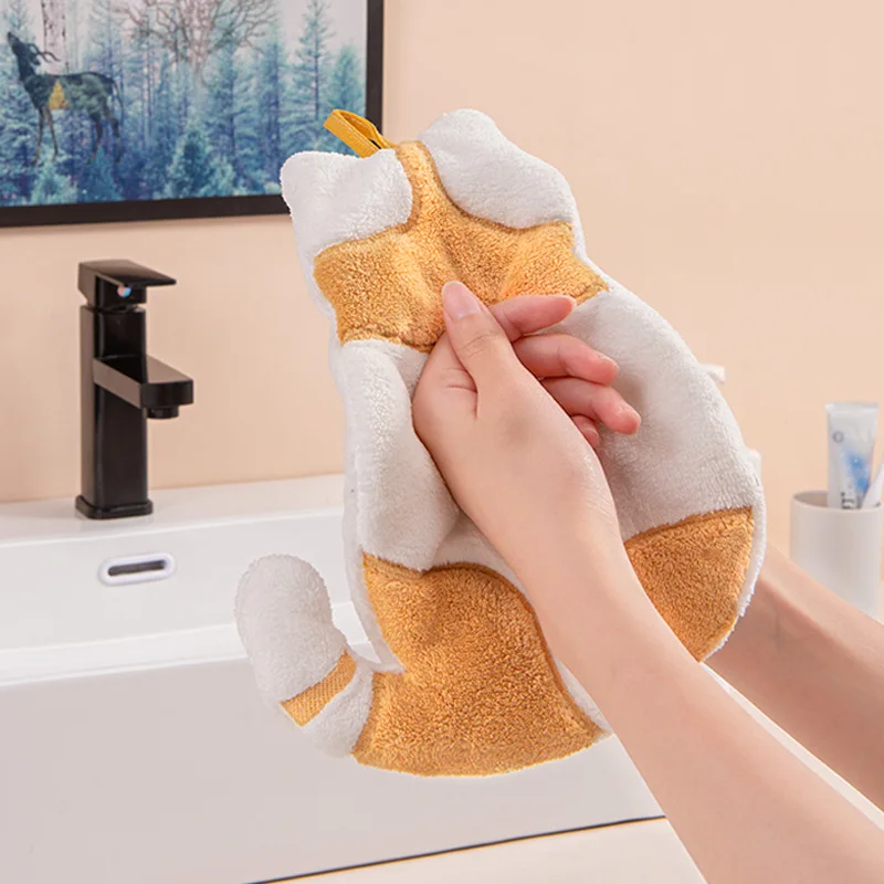 

Cute Cat Hand Towels Comfortable Absorbent Coral Velvet Multi-purpose Cleaning Cloth Kitchen Bathroom Hand Towels