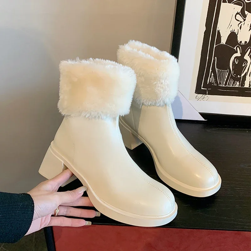 

2024 Winter Fur Chelsea Ankle Boots Women Warm Chunky Shoes Designer New Elegant Short Plush Boots Motorcycle Pumps Botas Femme