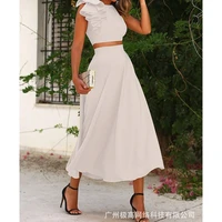 women solid color slim fit ruffled stitching suit 2 piece suit summer o neck sleeveless backless short top high waist skirt suit