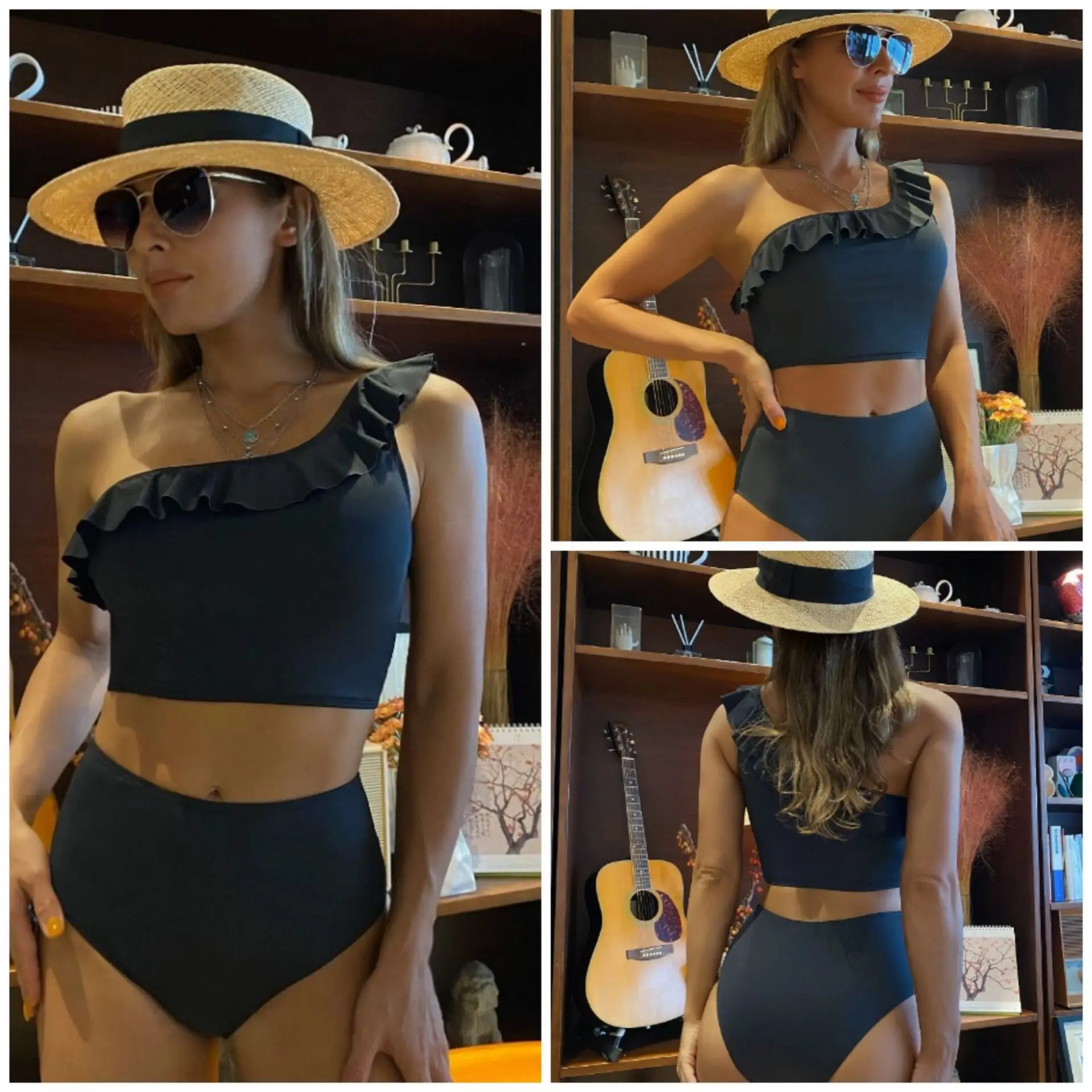 

2 Piece Sexy Bikini Solid One Shoulder Ruffles Push Up Women's Swimming Suit Swimsuit Fused Swimwear Female Beach Summer New