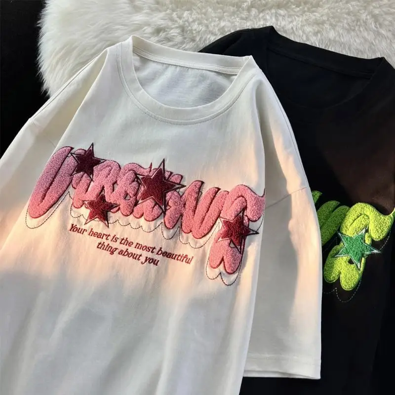 

American Street Flocking Letter Star Short-Sleeved T-Shirt Women Summer Fashion Retro Y2K Loose Lazy Trend Brand 100% Cotton Top