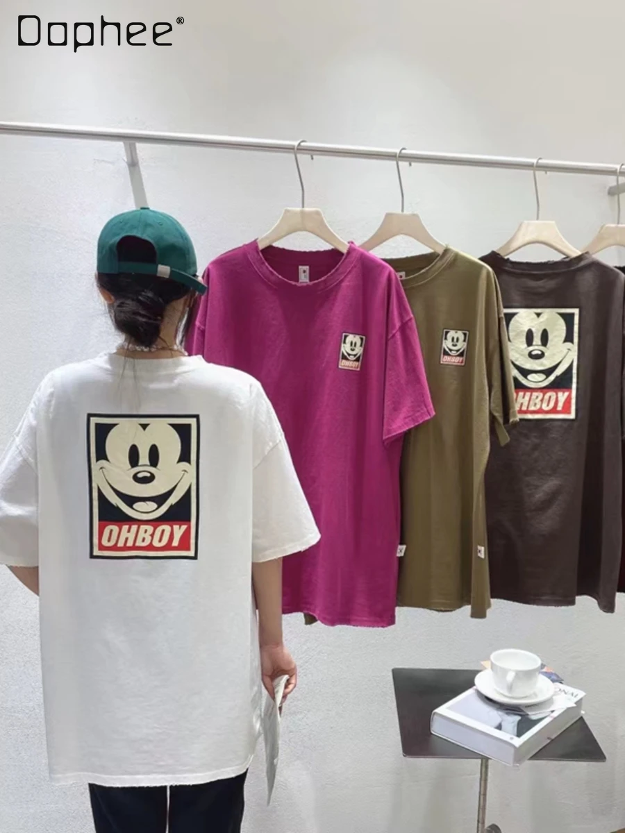 

2022 Summer New Washed Cotton Cartoon Printed Korean Style Oversized Loose-Fitting T-shirt Women Casual All-Match White Tshirt