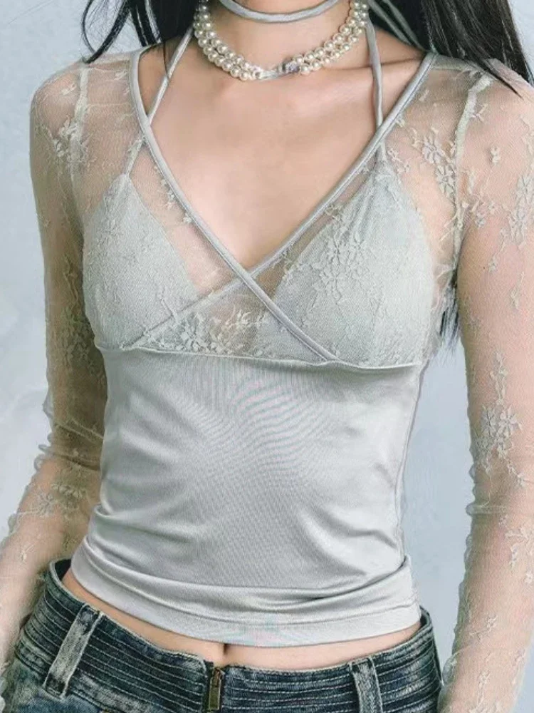 Женский Кружевной укороченный топ Y2k в стиле пэчворк винтажные облегающие