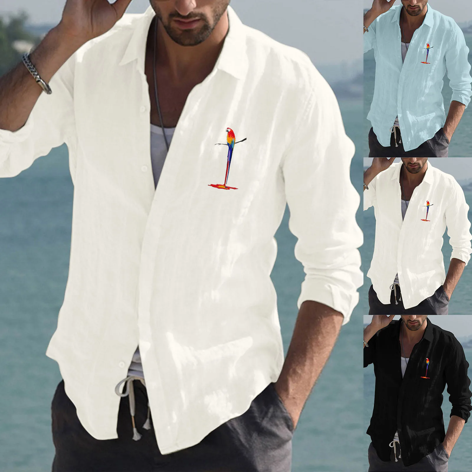 

Mens Fashion Casual Simple Cotton And Linen Small Print Lapel T Shirt Long Sleeve Shirt Top Heavy Cotton T Shirts