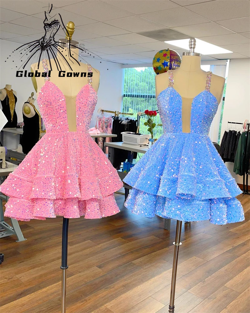 

Sexy Pink Sweetheart Short Prom Dress For Black Girls Sparkly Sequined Birthday Party Dresses Tiered Mini Cocktail Homecoming