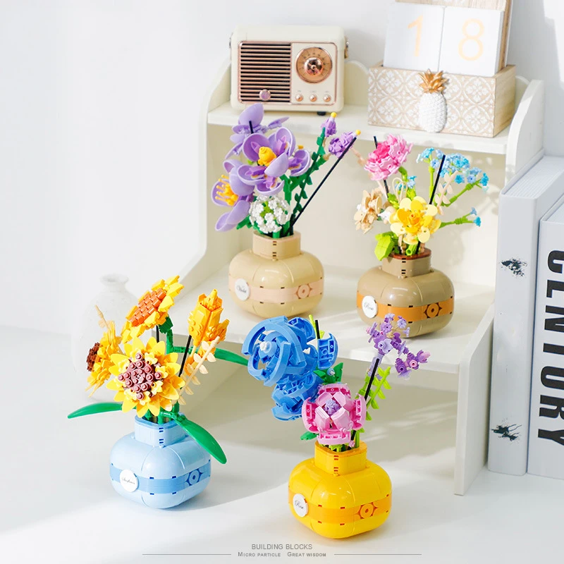 

Город креативная серия ваза Подсолнух фиолетовая Роза украшение интерьера микро строительные блоки кирпичи игрушки подарки