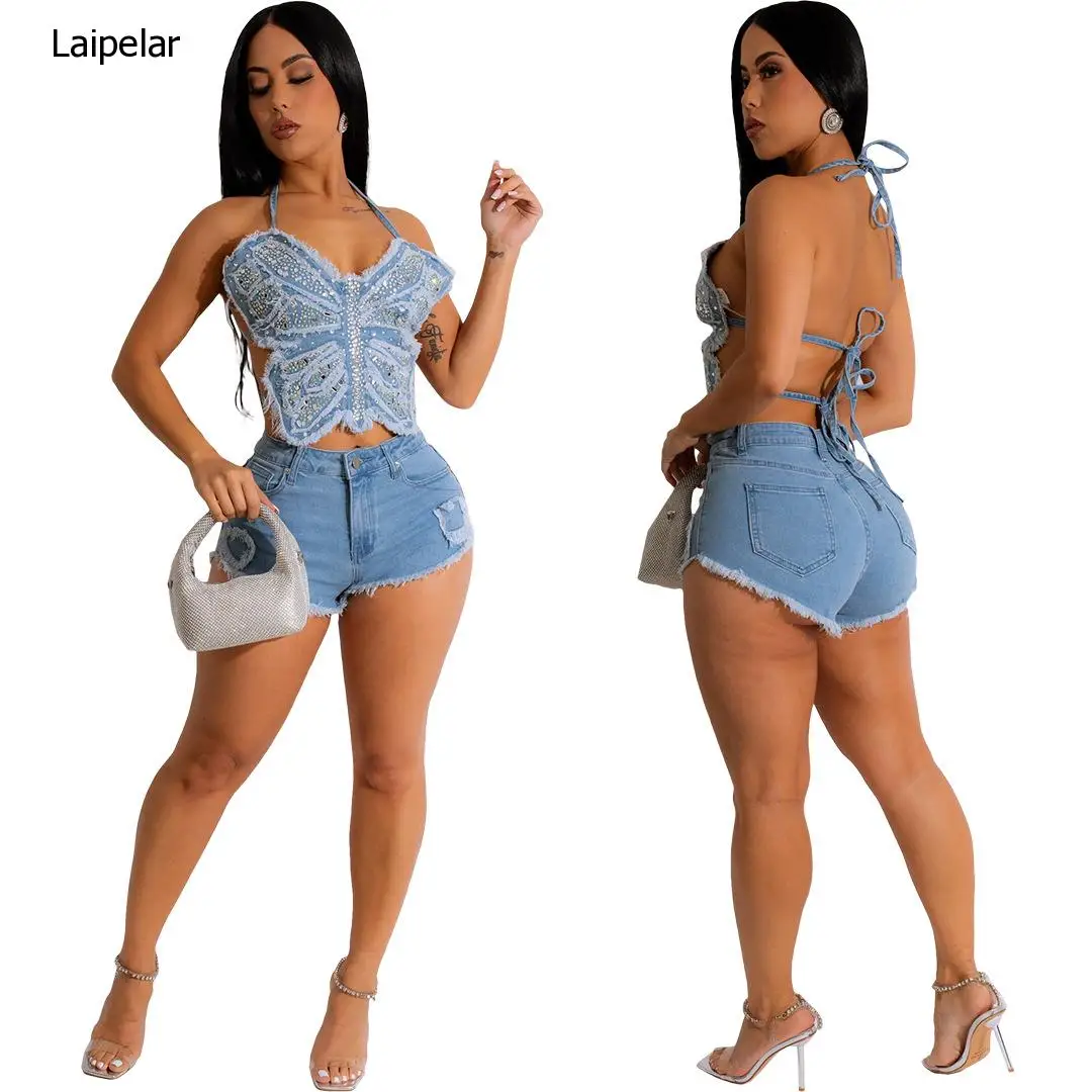 

European and American Women's Summer New Denim Hot Diamond Butterfly Tie Wash Irregular Shorts Set for Women