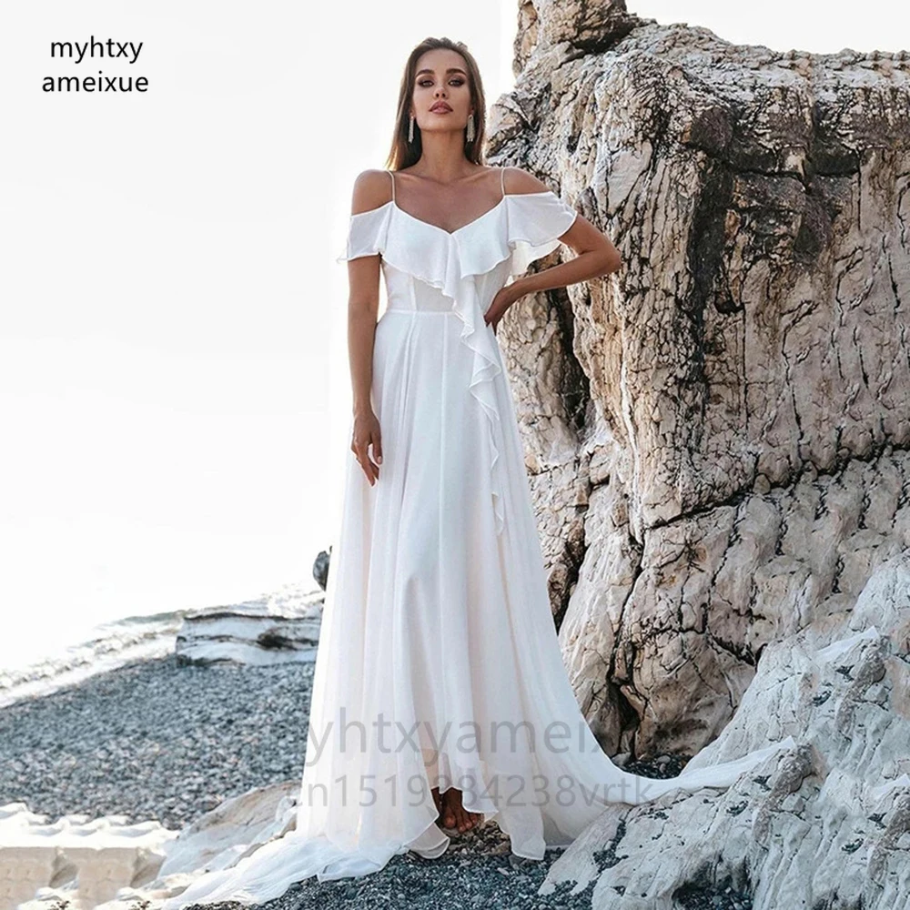 

Соблазнительные красные пляжные свадебные платья 2022, шифоновые свадебные платья в стиле бохо с открытыми плечами и V-образным вырезом