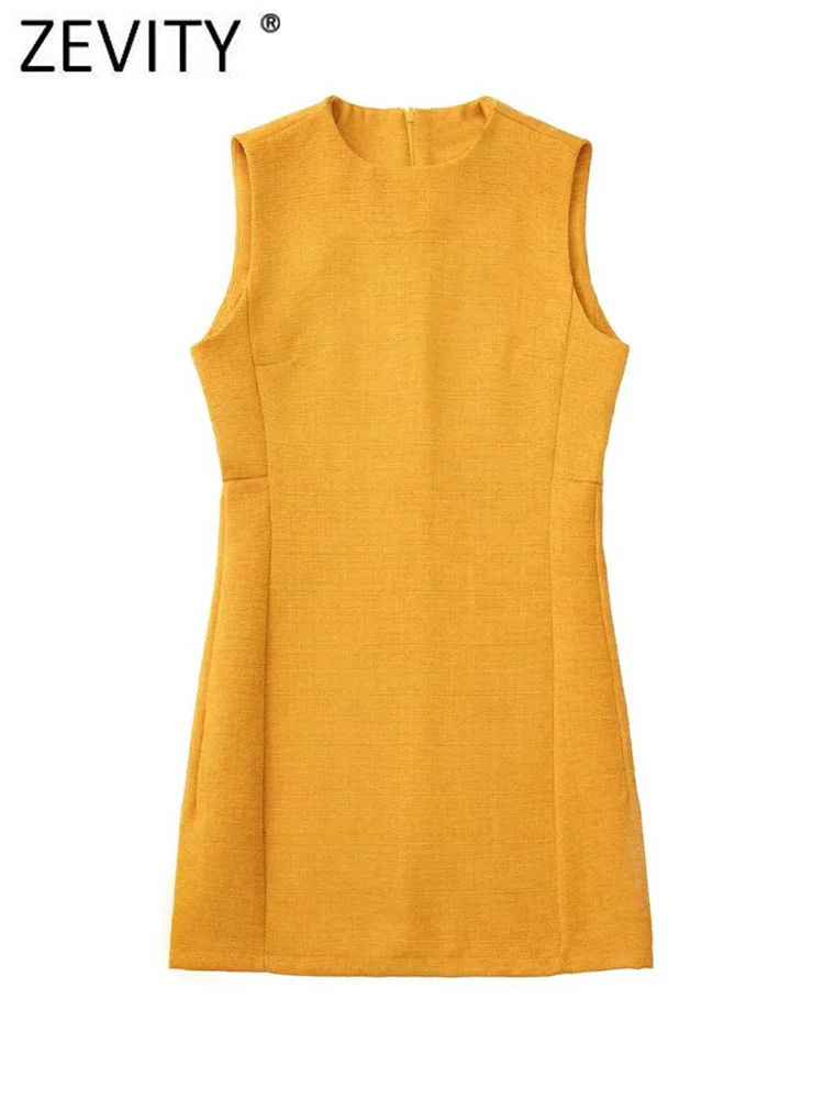 

Zevity Women Vintage O Neck Sleeveless Texture Slim Vest Dress Female Chic Back Zipper Casual Party Vestido Mujer DS9425