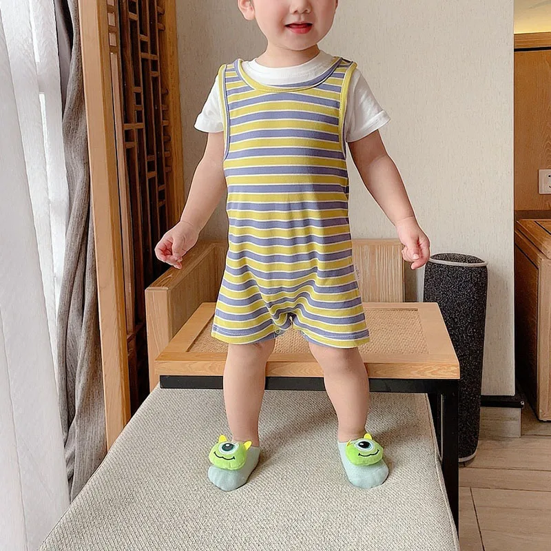 

2022 Summer Newborn Baby Romper Kid Two Piece Set Striped Clothes Infant Knitted Cotton Outfit