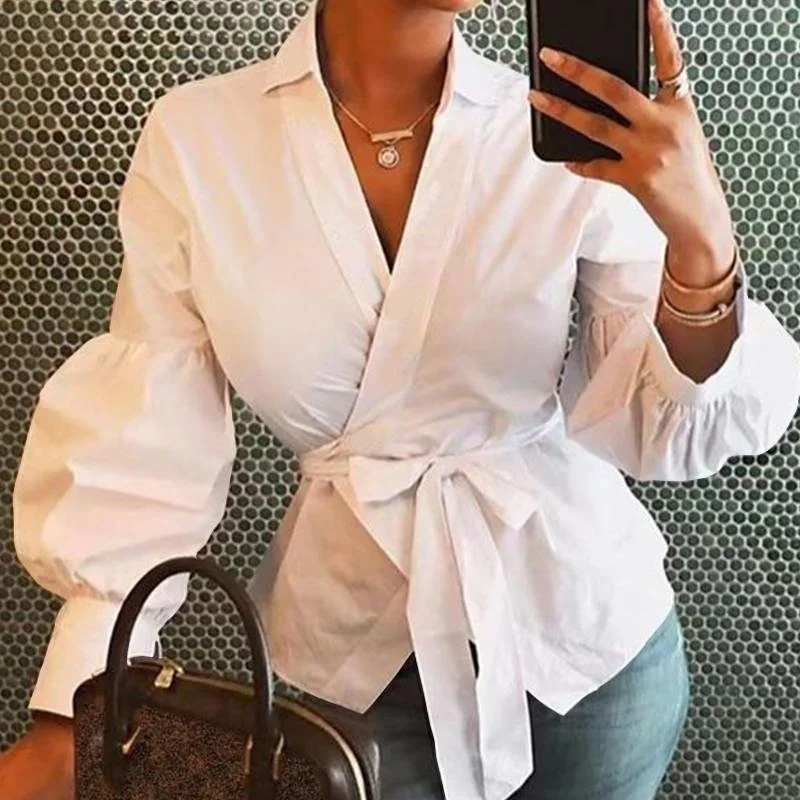 

Casual White Wrap Blouse Shirt Chic Streetstyle Shirt Ladies Blouse Shirts Fall Tops for Women Clothes Blusas Mujer De Moda 2020