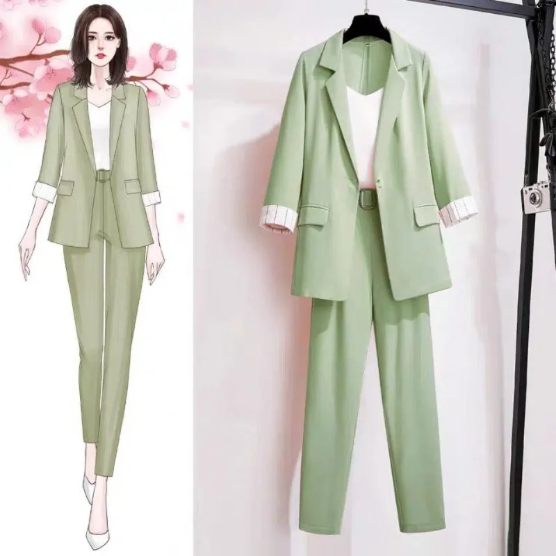 2023 New Spring Plus Size Korean Elegant Women's Suit Female Blazer Leisure Pants Tweed Suit Jacket Three Piece Jacket Pants Set