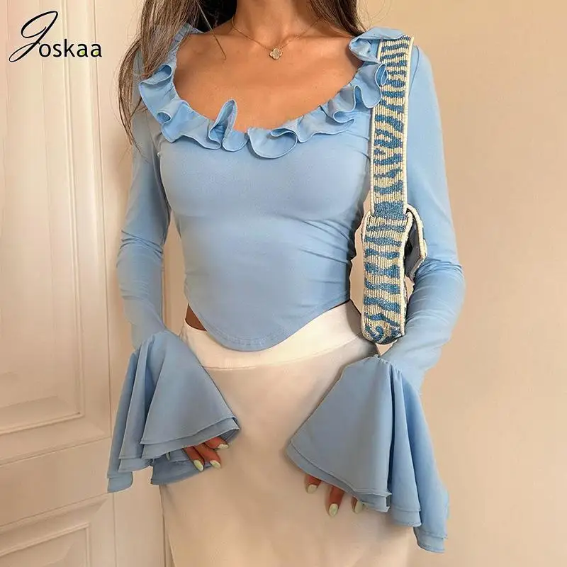 

Joskaa Cute Sexy Ruffle O-Neck Long Flare Sleeve Back Bandage T-Shirts Women Fall 2023 Fashion Stunning Party Club Tops