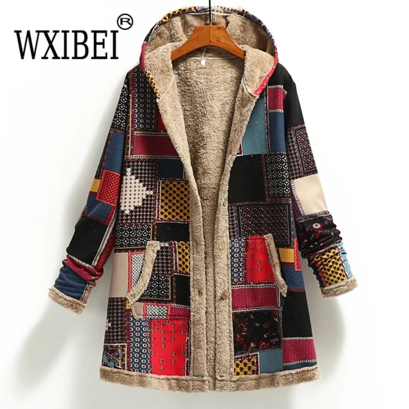 

WXIBEI 2023 Winter Retro Women Coat Warm Print Thick Fleece Hooded Long Jacket Pocket Ladies Outwear Loose Coat For Women FC796