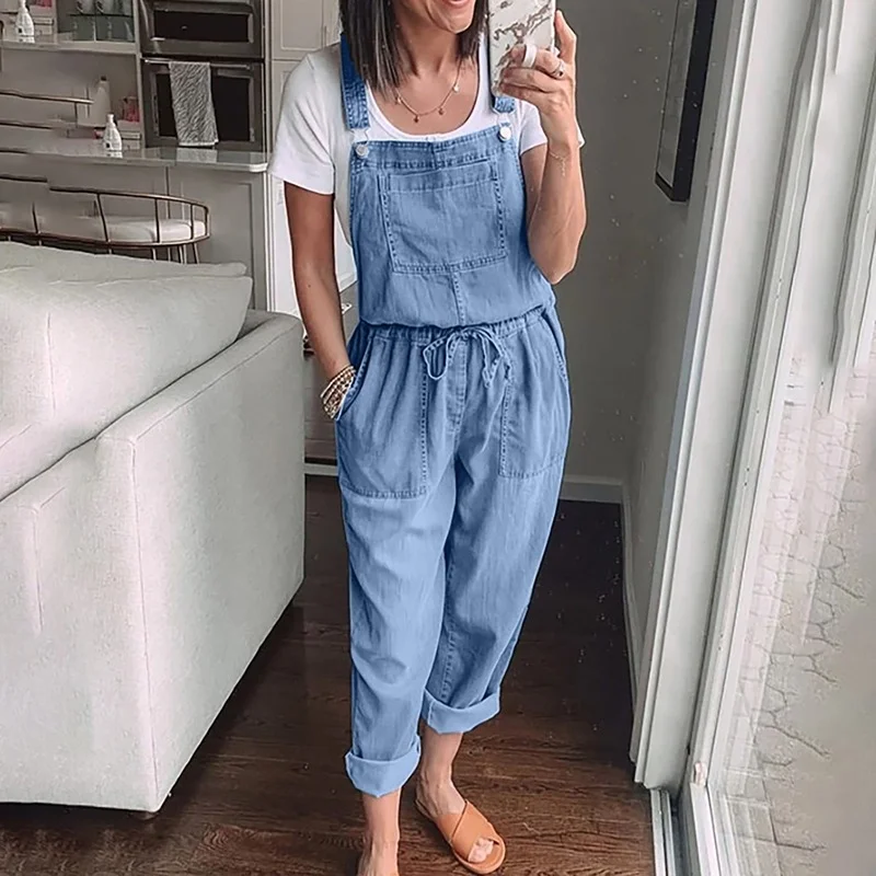 

Women Beach Suspender Loose Denim Jumpsuits 2021 Denim Overalls Sleeveless High Waist Wide Leg Playsuits Jeans Female Streetwear