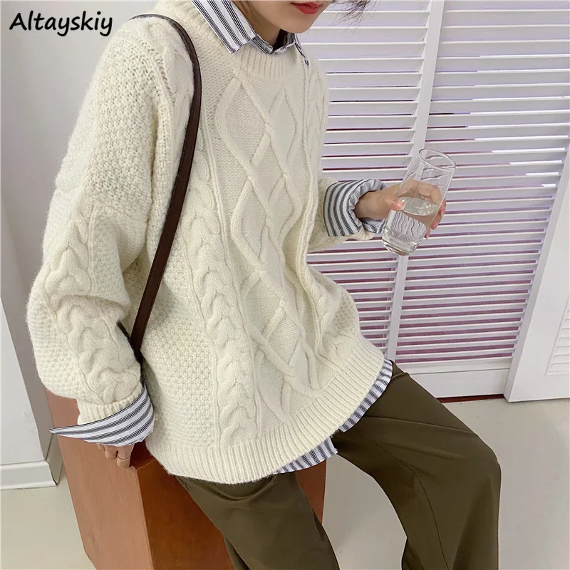 Пуловер женский однотонный с круглым вырезом повседневный мешковатый джемпер в