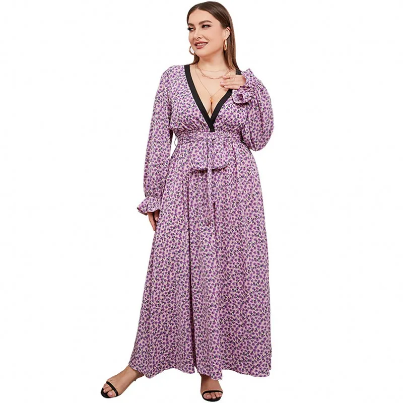 

4XL Plus Size Chiffon Floral Dress 2022 Spring V Neck Sexy Long Sleeve Maxi Dresses Fashion Loose Robe Elegant Party Long Dress