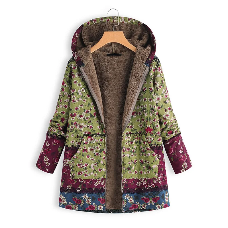 Autumn Women Winter Warm Floral Hooded Jacket 2022 Flower Print Hoody Vintage Coats Winter Padded Jacket Women Parkas Tops