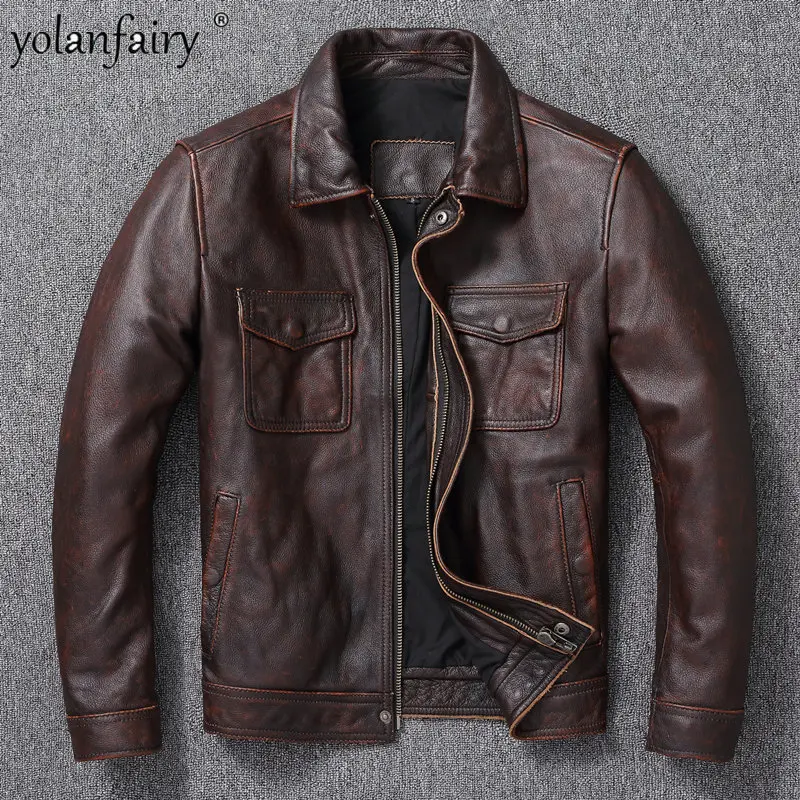 

Куртка мужская из воловьей кожи, верхний слой, мотоциклетная куртка, винтажные жакеты из красно-коричневой кожи, 6XL, специальное предложение, пальто, F