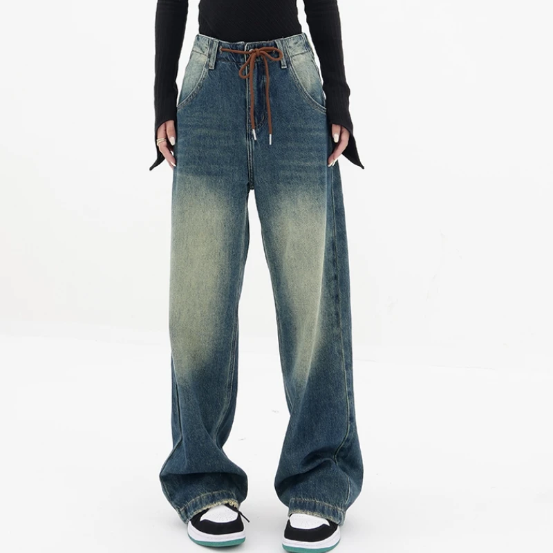 

Women Blue Jeans Gradient High Street American Fashion Streetwear Style Wide Leg Jean Female Baggy Trouser Straight Denim Pants