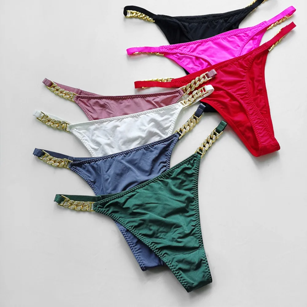 

Waist Thong Lingeries Simple For Girls Women Ice Silk Panties Korean Underwear Hollow Out Metal Chain Diamond Briefs