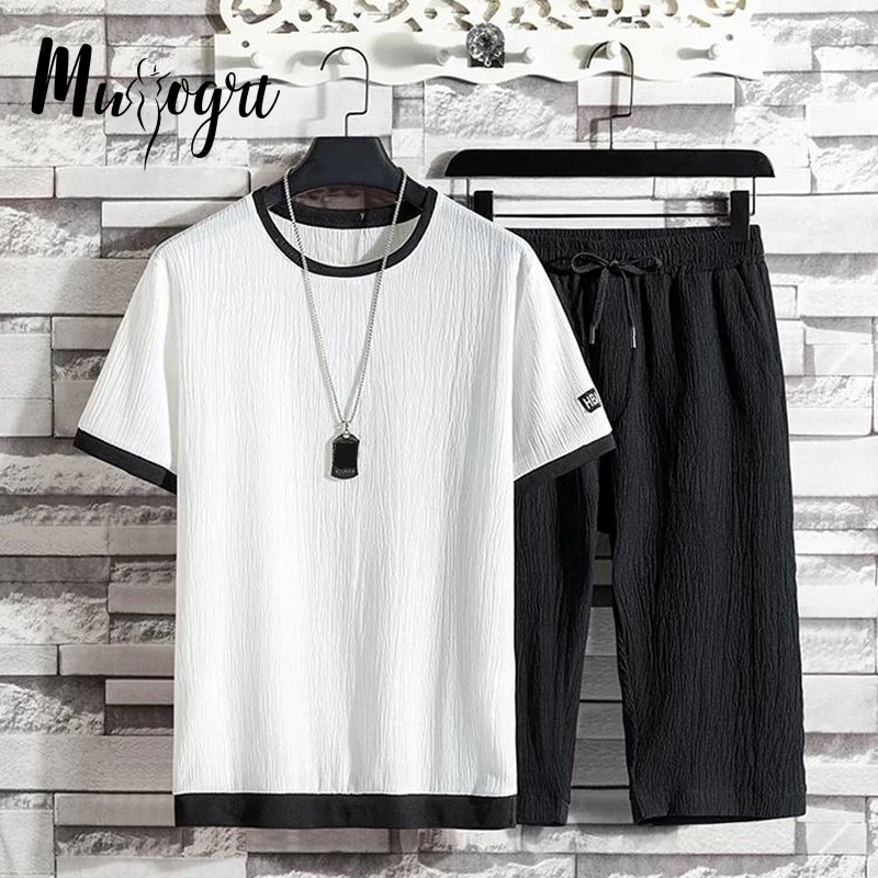 

Men's Tracksuit Classic Fashion Short Sleeve T-shirt and Shorts Two-Piece Set Summer New Casual Sports High-Quality Male Suit