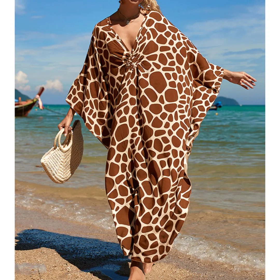 

2023 Leopard Print Knitted Beach Cover-ups Dress Tunic Long Pareos Bikinis Cover Ups Swimsuit Robe Plage Beachwear Blouse