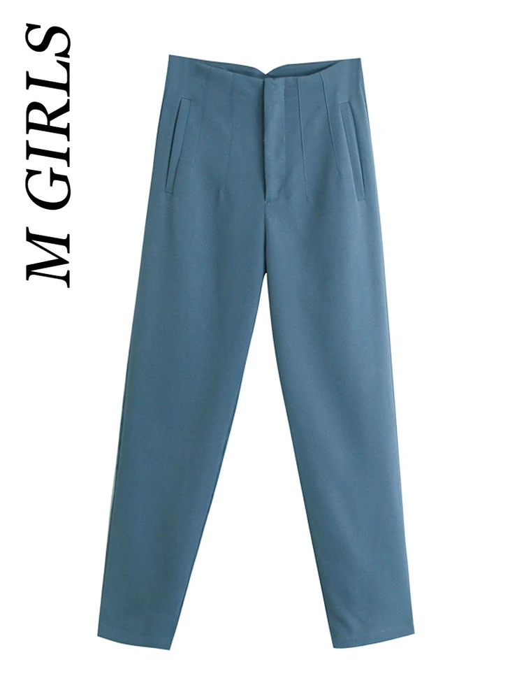 

M GIRLS Women Chic Fashion With Seam Detail Office Wear Pants Vintage High Waist Zipper Fly Female Ankle Trousers Mujer