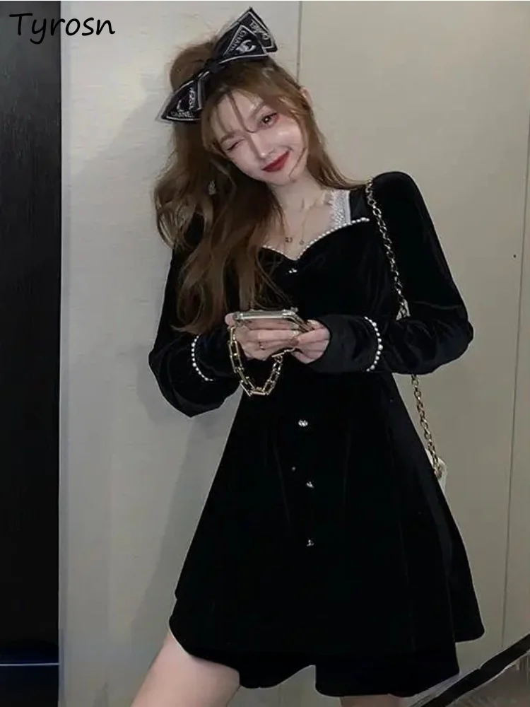 

Dress Women Slim Lace Elegant Fashion Retro Students Korean Style Special Mini Party Square Collar Autumn Leisure Comfortable