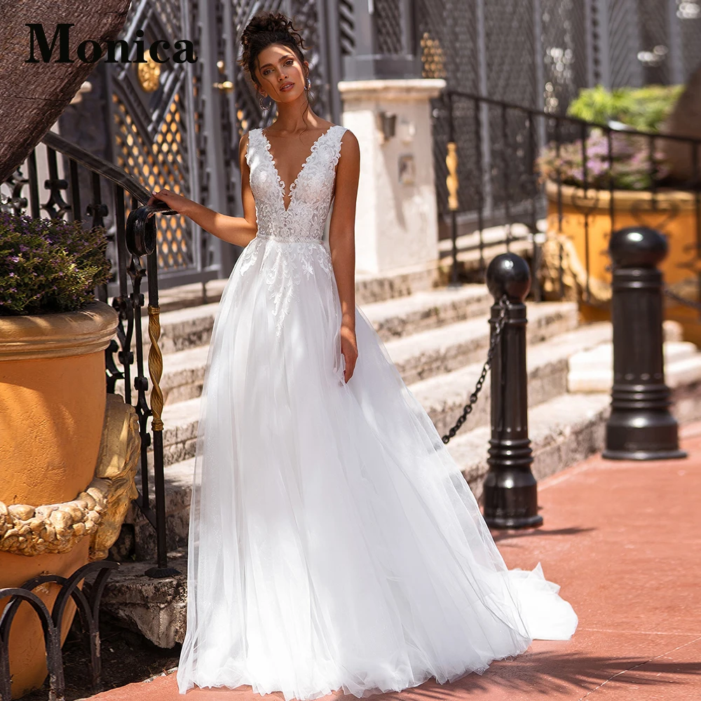 

MONICA Fancy V-Neck Tank Backless Tulle Wedding Dresses For Women Made To Order Vestidos De Novia Brautmode A-Line Floral Print
