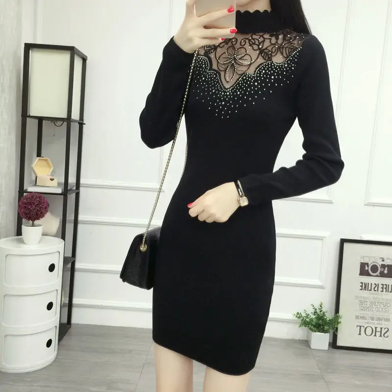 

Women Korean Fashion Elegant Chic Beads Rhinestone Sexy Lace Basic Knit Mini Dress Slim Black White Long Sleeve Bodycon Dresses