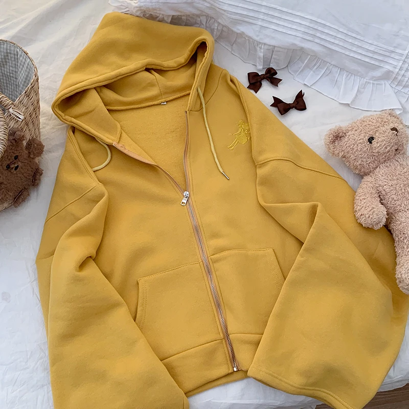 

Harajuku Hoodies Women Autumn Cute Little Witch Embroidery Loose Hooded Sweatshirts Grunge Women Clothing