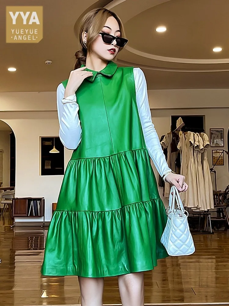 

Sleeveless Fashion Spring New Women Sundress Pleated Sheepskin Genuine Leather Dress White Lapel Collar Loose Fit Casual Dresses