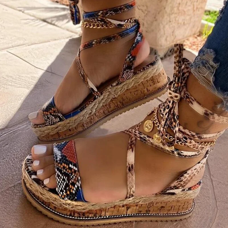 

Summer Women Snake Sandals Platform Heels Cross Strap Ankle Lace Peep Toe Beach Party Ladies Shoes Sandals Zapatos Para Mujer