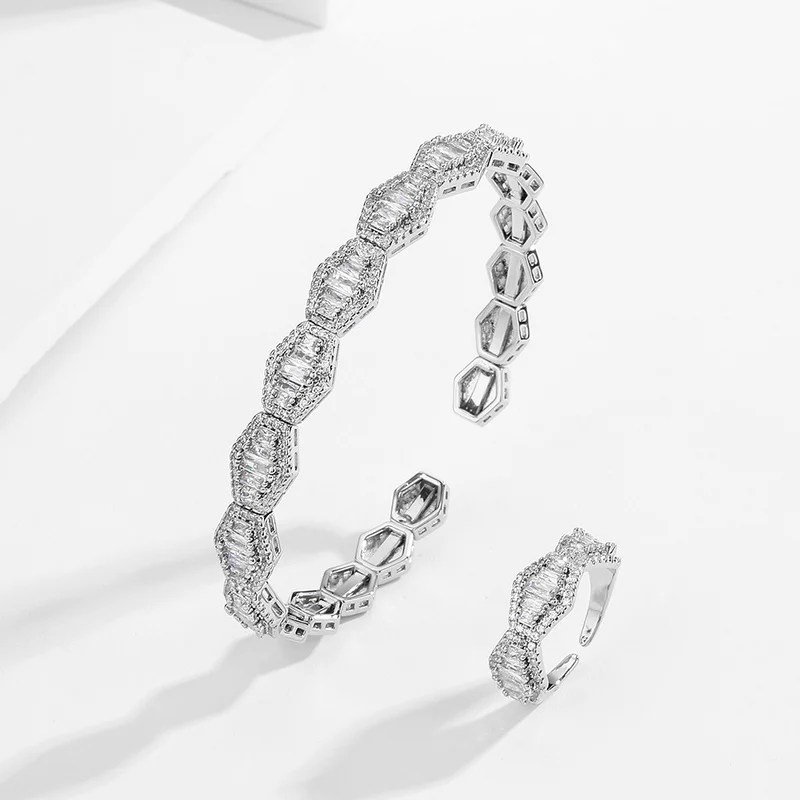 

RAKOL Fashion White Color Sparkling Cubic Zirconia Bracelet Ring CZ adjustable Rings Bangle for Women Wedding Jewelry Set