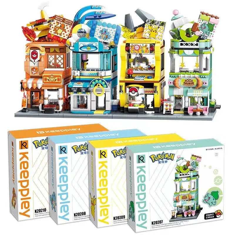 

Pokemon Diy Puzzle Building Blocks Doll Anime Cartoon Cute Pikachu Street View Building Blocks City Assembly Model Children's Gi
