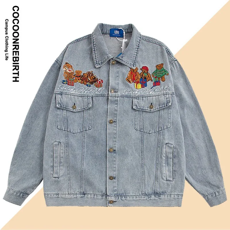 

American Vintage Denim Jacket Men Woman Autumn Patchwork Bear Design Embroidery Cargo Jackets Fashion Oversized Unisex Outwear
