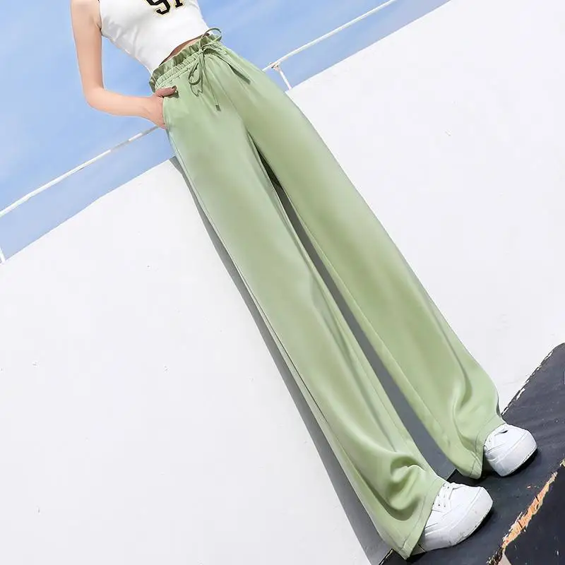

Women 2022 Summer Soft Ice Silk Satin Wide-leg Pants Female High Waist Casual Loose Mopping Trousers Ladies Streetwear Pants F87