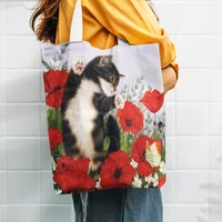 cute cat flower shoulder bags womens designer tote bags fashion handbag large shopping bag foldable for groceries storage bag